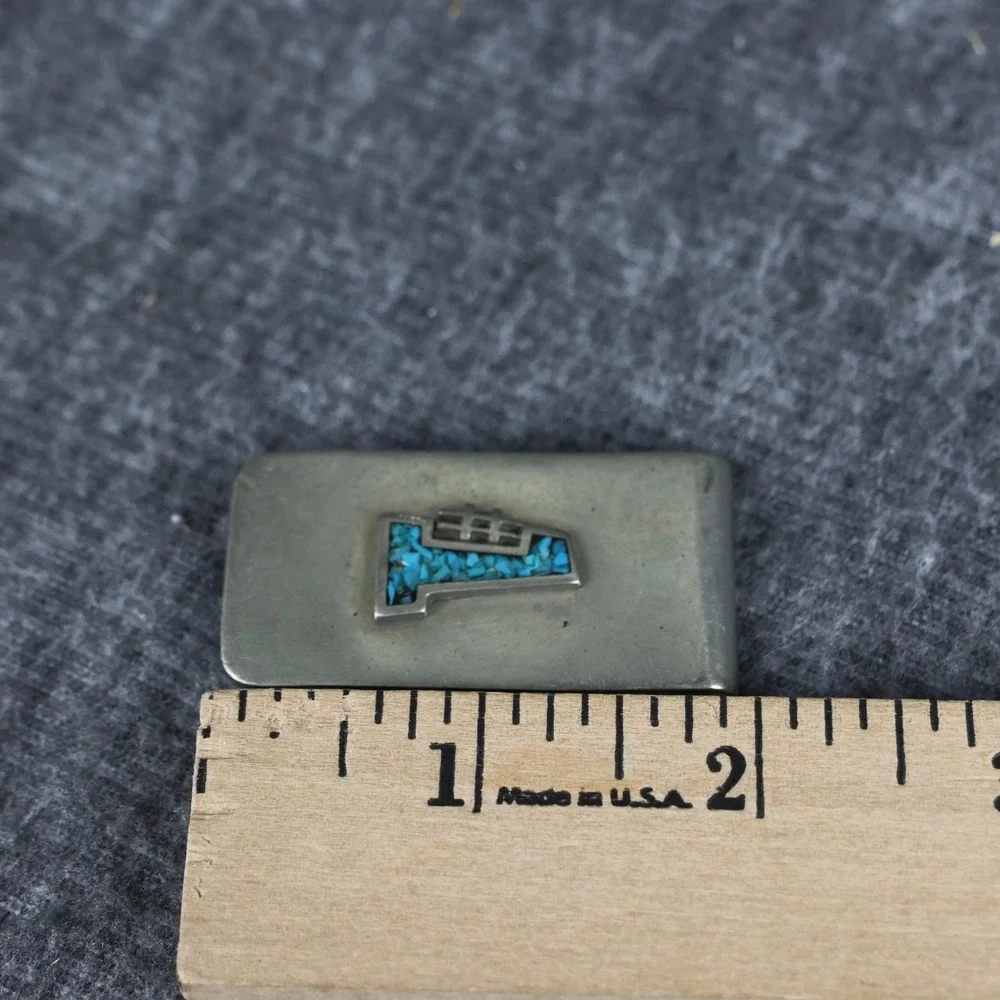 Turquoise Stone Inlay Mens Money Clip Silver Tone Bar Southwestern Jewelry Style